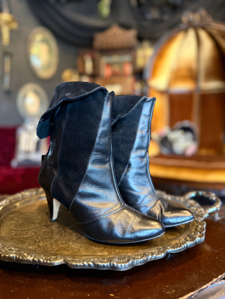 Vintage Black Smooth and Suede Leather Convertible High Heeled Boots