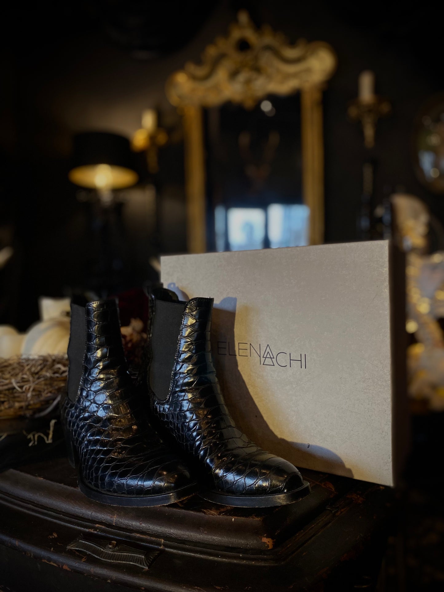 Elena Iachi Black Embossed Snakeskin Chelsea Ankle Boots Women’s 9