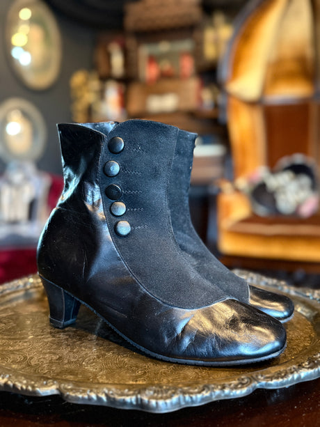 Vintage Black Leather and Suede Button Snap Detail Heeled Boots