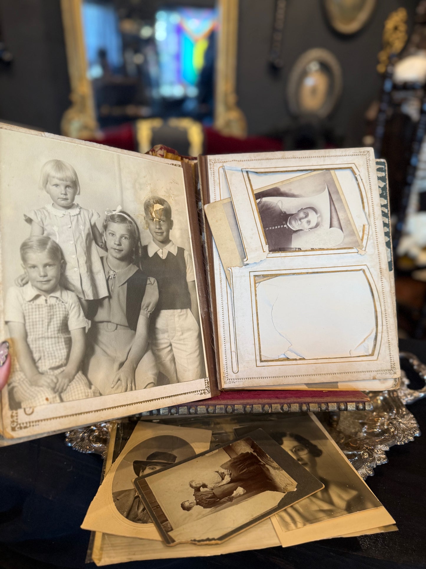 Antique Floral Velvet Brass Detailed Mirrored Horseshoe Decorated Photo Album