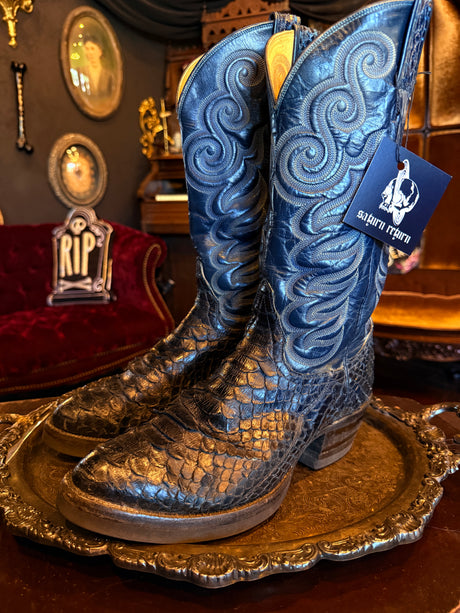 Tony Lama Dark Blue Teal Snakeskin Ornate Cowboy Boots