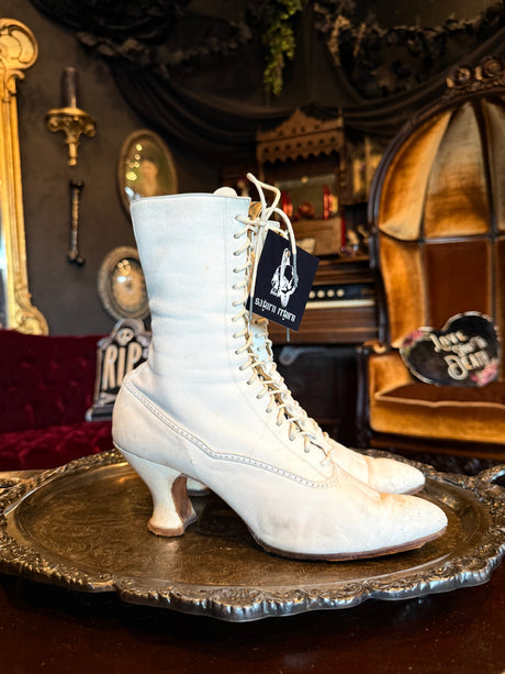Antique Victorian White Leather Lace-Up Corset High Heeled Boots