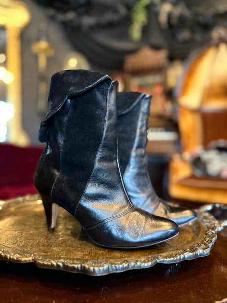 Vintage Black Smooth and Suede Leather Convertible High Heeled Boots