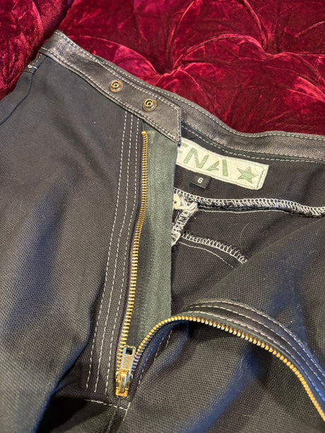 UNIQUE Euro Black Canvas and Leather Detail Snap Button Mid Thigh Shorts w/ Asymmetrical Zipper