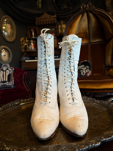 Antique Victorian White Leather Lace-Up Corset High Heeled Boots