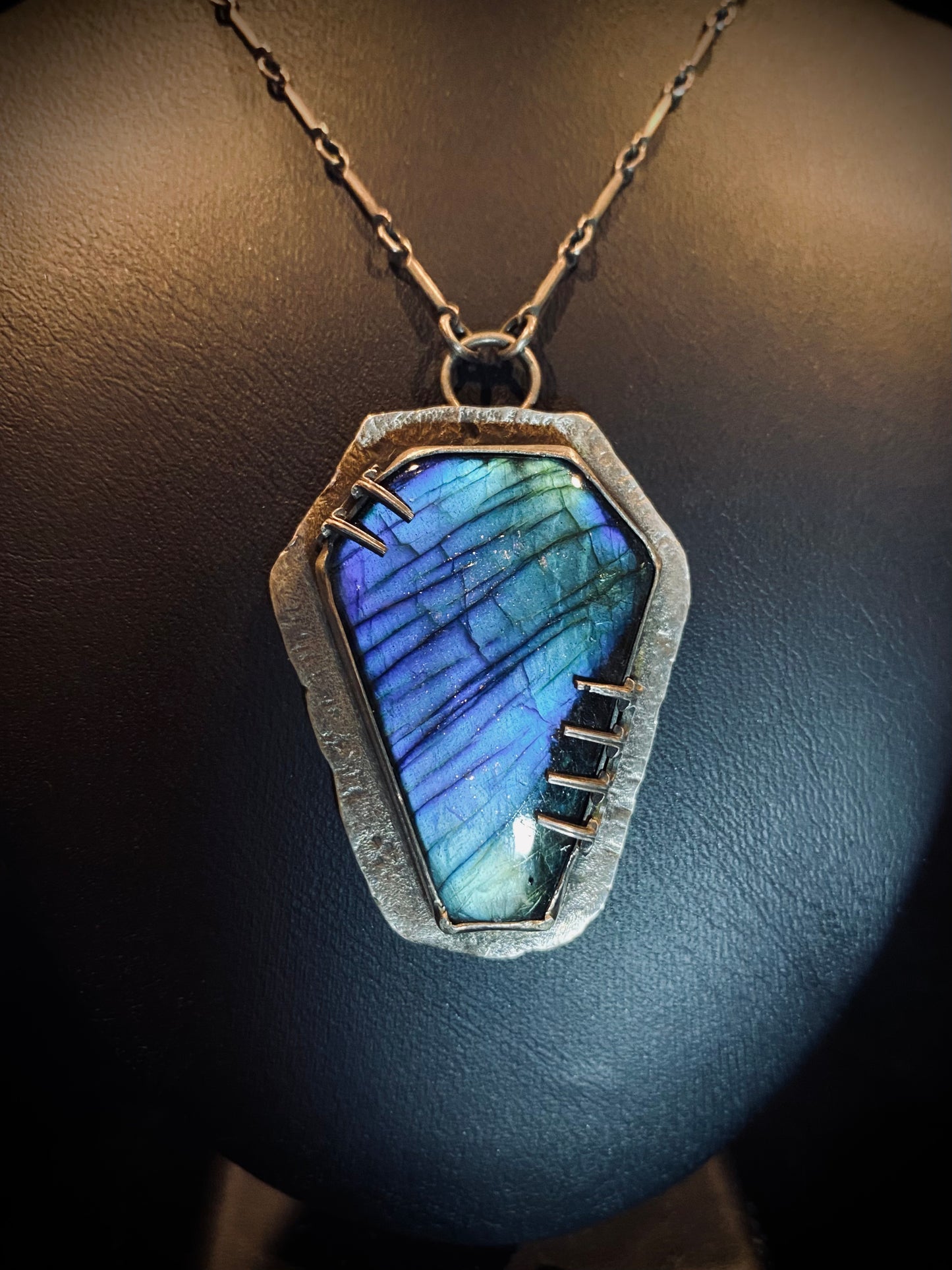 Von Desolate Sterling Silver Labradorite Coffin Pendant Necklace