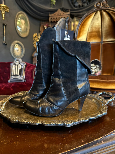 Vintage Black Smooth and Suede Leather Convertible High Heeled Boots