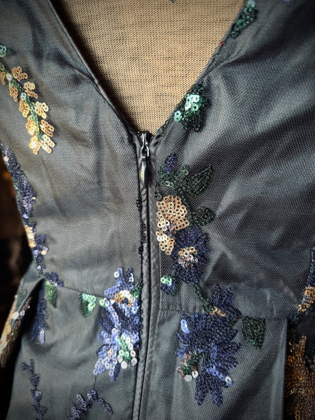 Calvin Klein Black Floral Sequin High Low Layered Foral Dress