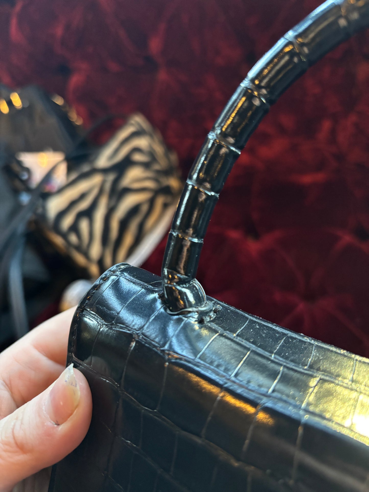 Black Faux Leather Croc Embossed Crossbody Bag w/Gold Tone Hardware