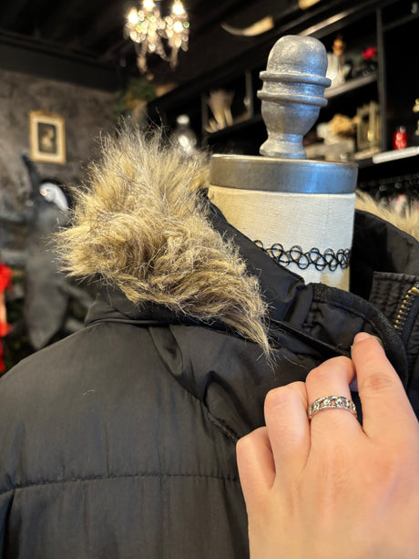 Black and Faux Fur Trim Hooded Puffer Parka Coat
