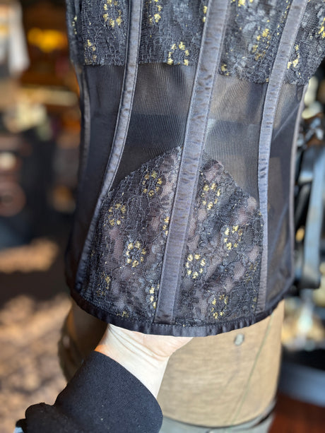Corset Story Black and Gold Strappy Collar Mesh Corset