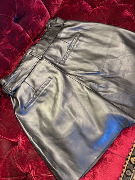 Black Vegan Leather Belted Pleated High Waisted Shorts