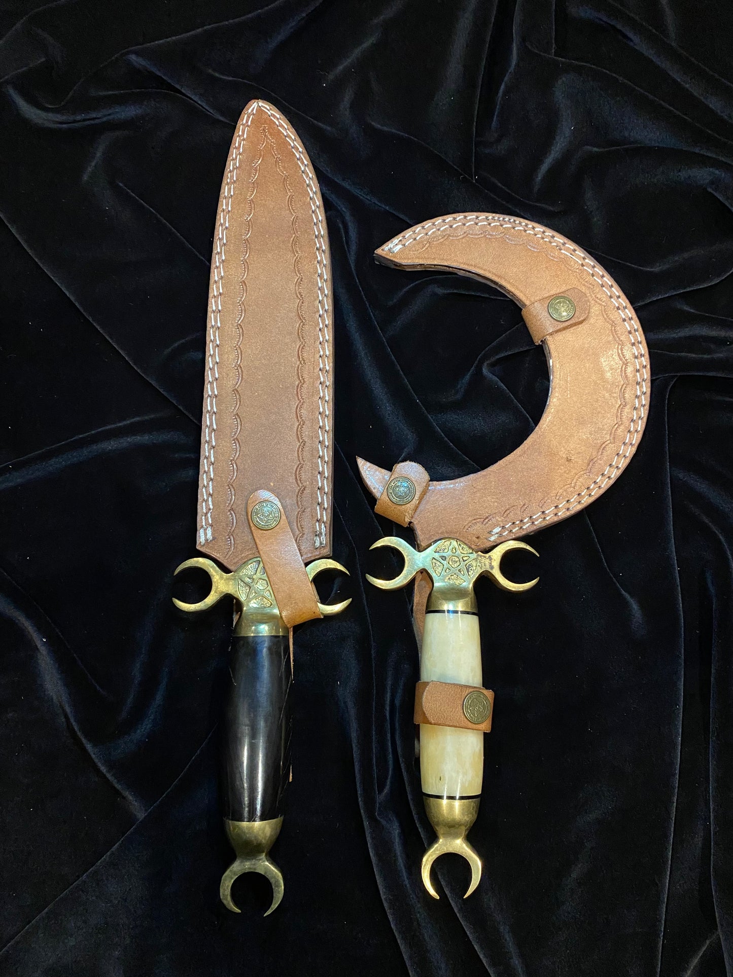 Dual Ritual Athamé and Crescent Sickle Knife Set