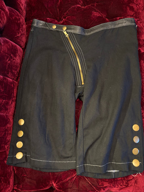 UNIQUE Euro Black Canvas and Leather Detail Snap Button Mid Thigh Shorts w/ Asymmetrical Zipper
