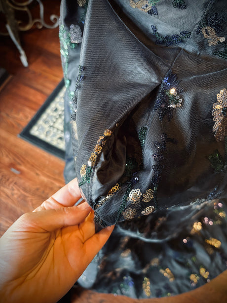 Calvin Klein Black Floral Sequin High Low Layered Foral Dress