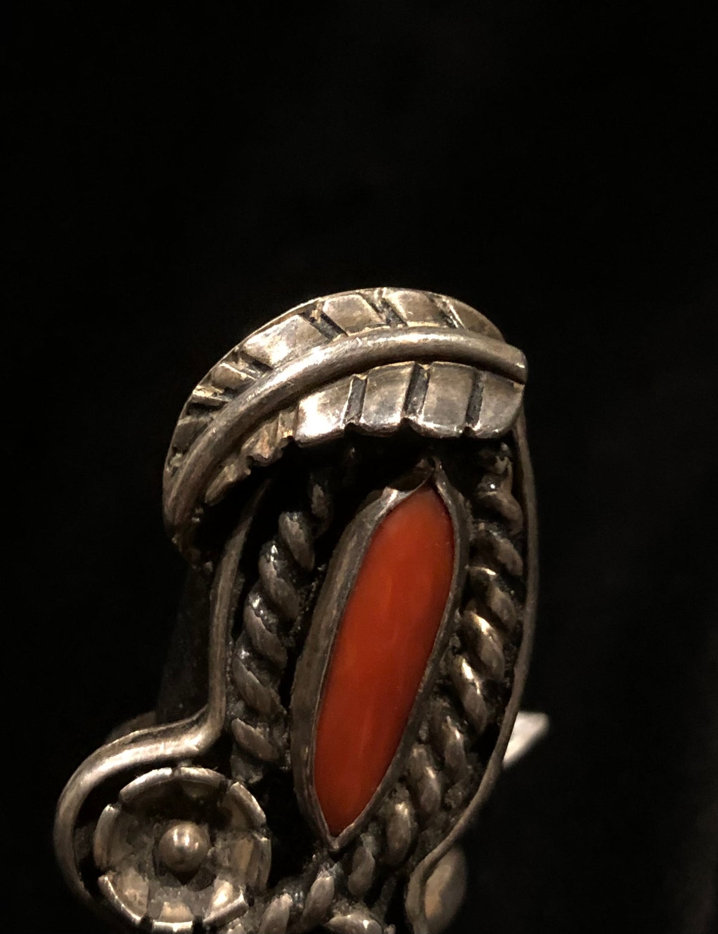 Sterling Silver Turquoise and Red Coral Double Stone Ornate Ring