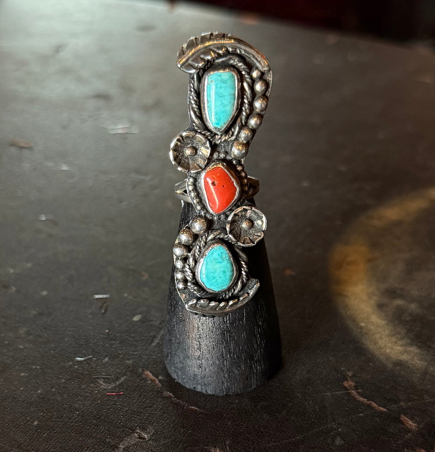 Sterling Silver Triple Stone Turquoise And Red Coral Ornate Ring