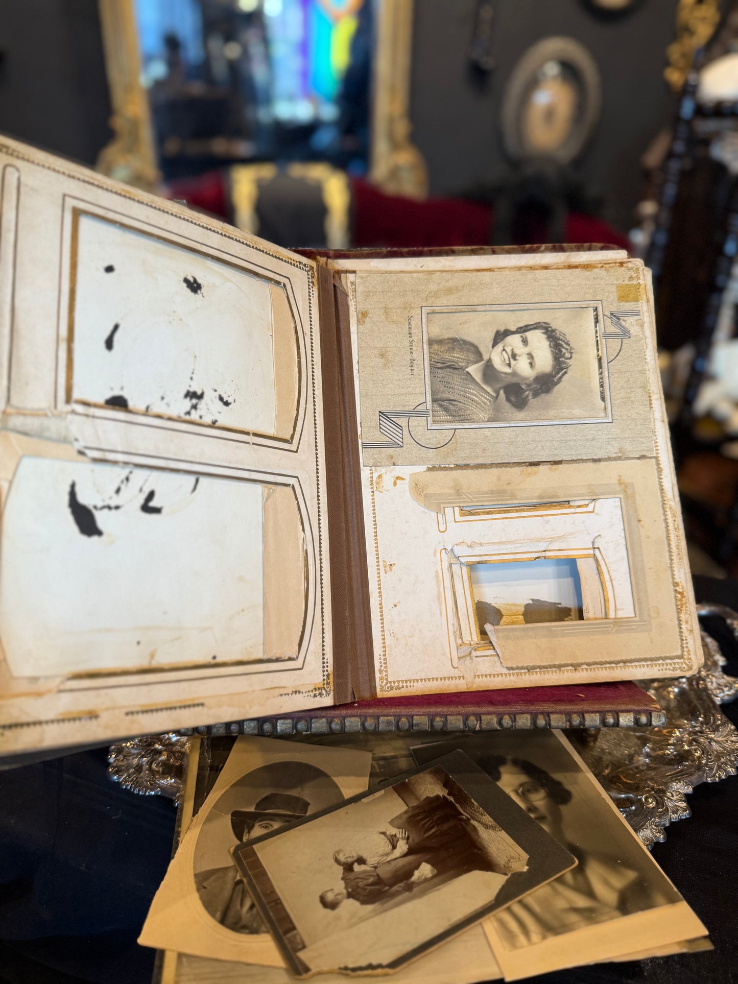 Antique Floral Velvet Brass Detailed Mirrored Horseshoe Decorated Photo Album