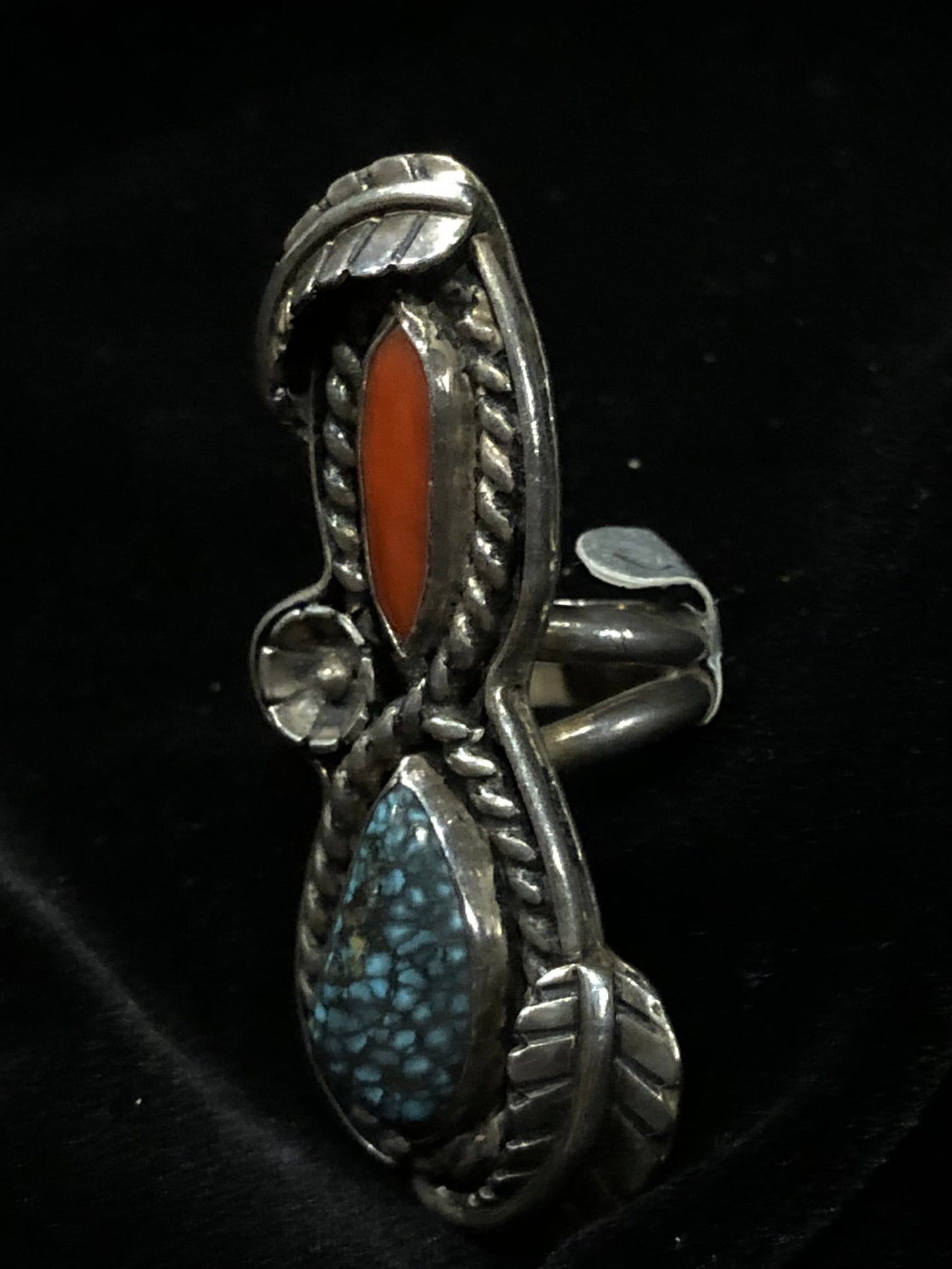 Sterling Silver Turquoise and Red Coral Double Stone Ornate Ring