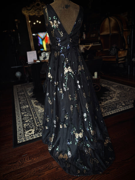Calvin Klein Black Floral Sequin High Low Layered Foral Dress