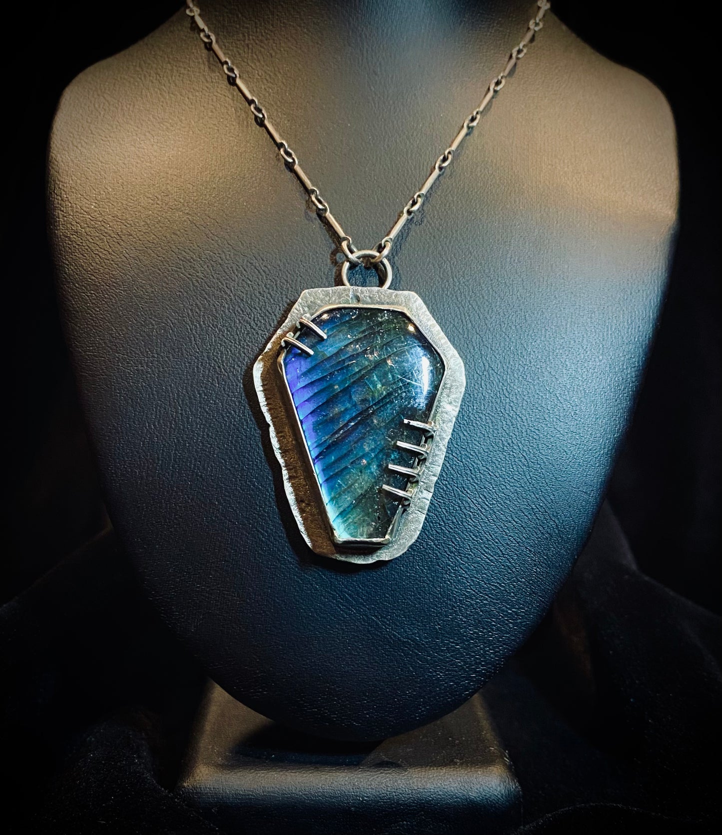Von Desolate Sterling Silver Labradorite Coffin Pendant Necklace