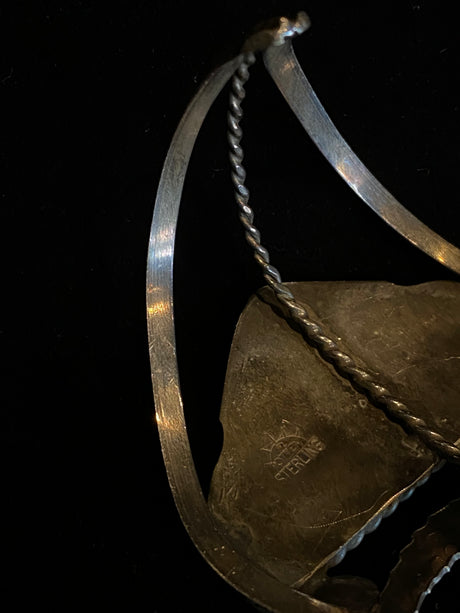 Vintage Sterling Silver Leaf Detail Multi-Stoned Cuff