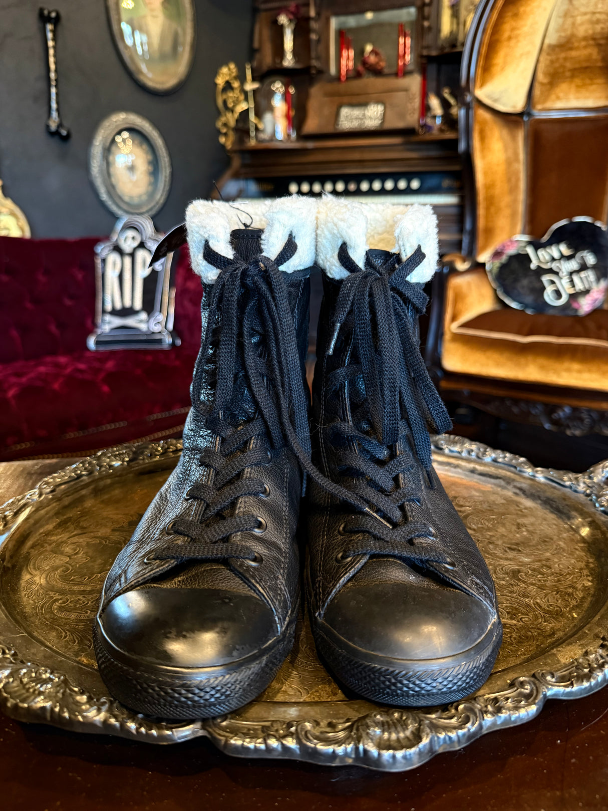 Black Leather Converse High Top Shearling Cuffed Sneakers