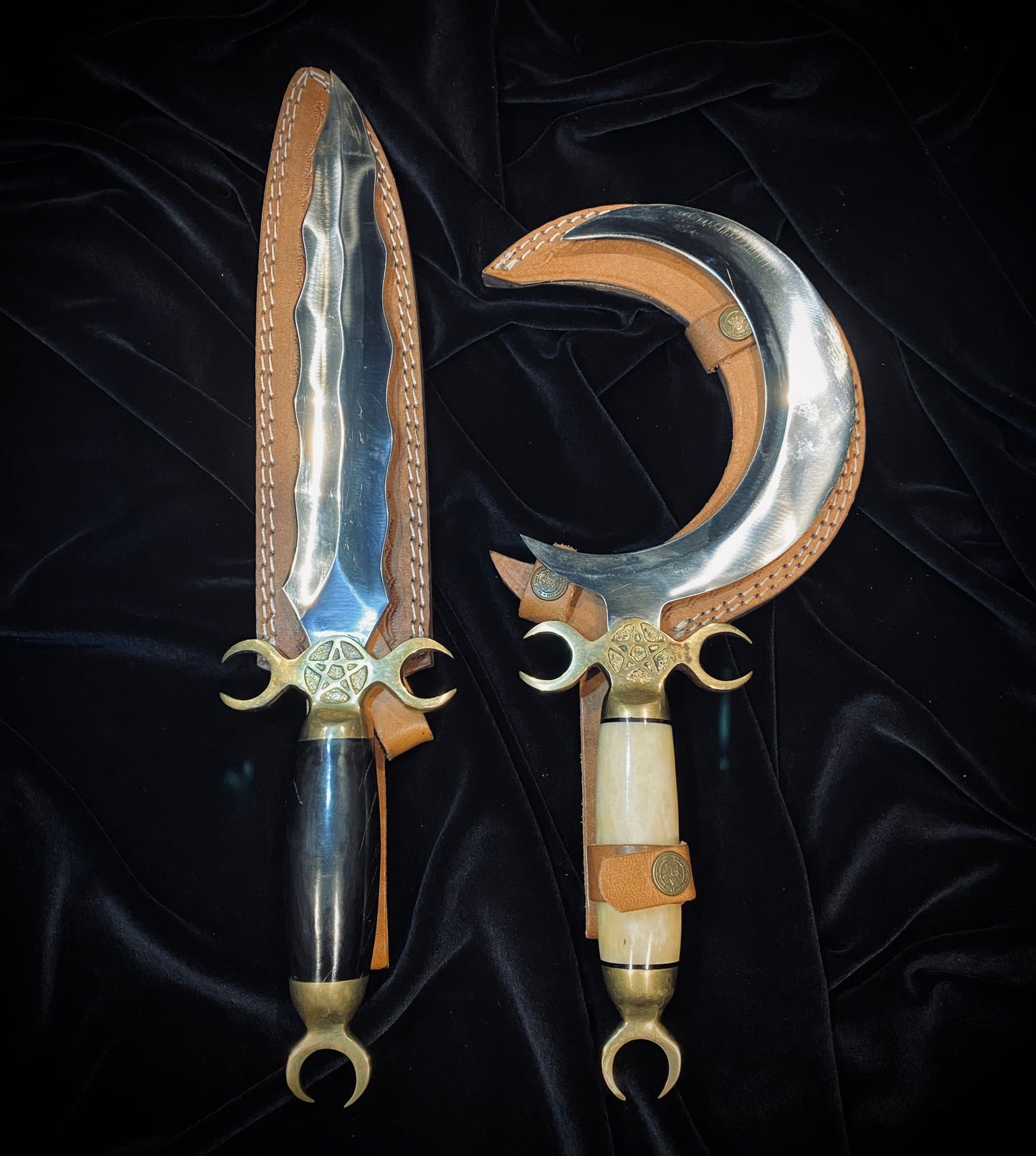 Dual Ritual Athamé and Crescent Sickle Knife Set