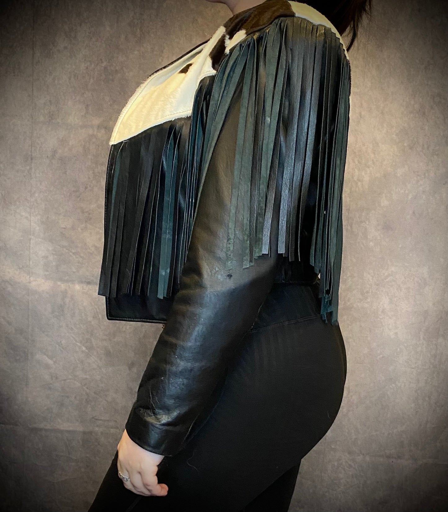 Vintage Continental Cowhide And Black Leather Fringed Cropped Jacket