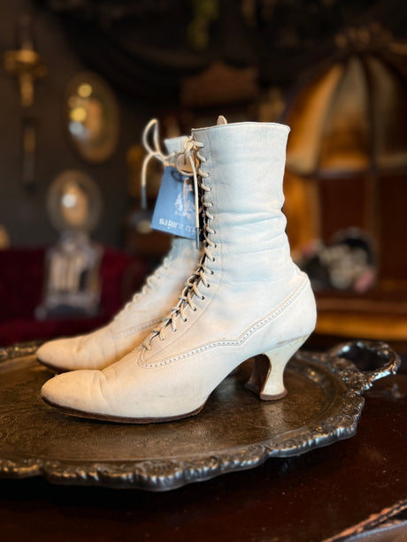 Antique Victorian White Leather Lace-Up Corset High Heeled Boots