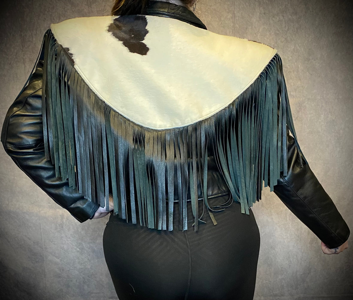 Vintage Continental Cowhide And Black Leather Fringed Cropped Jacket