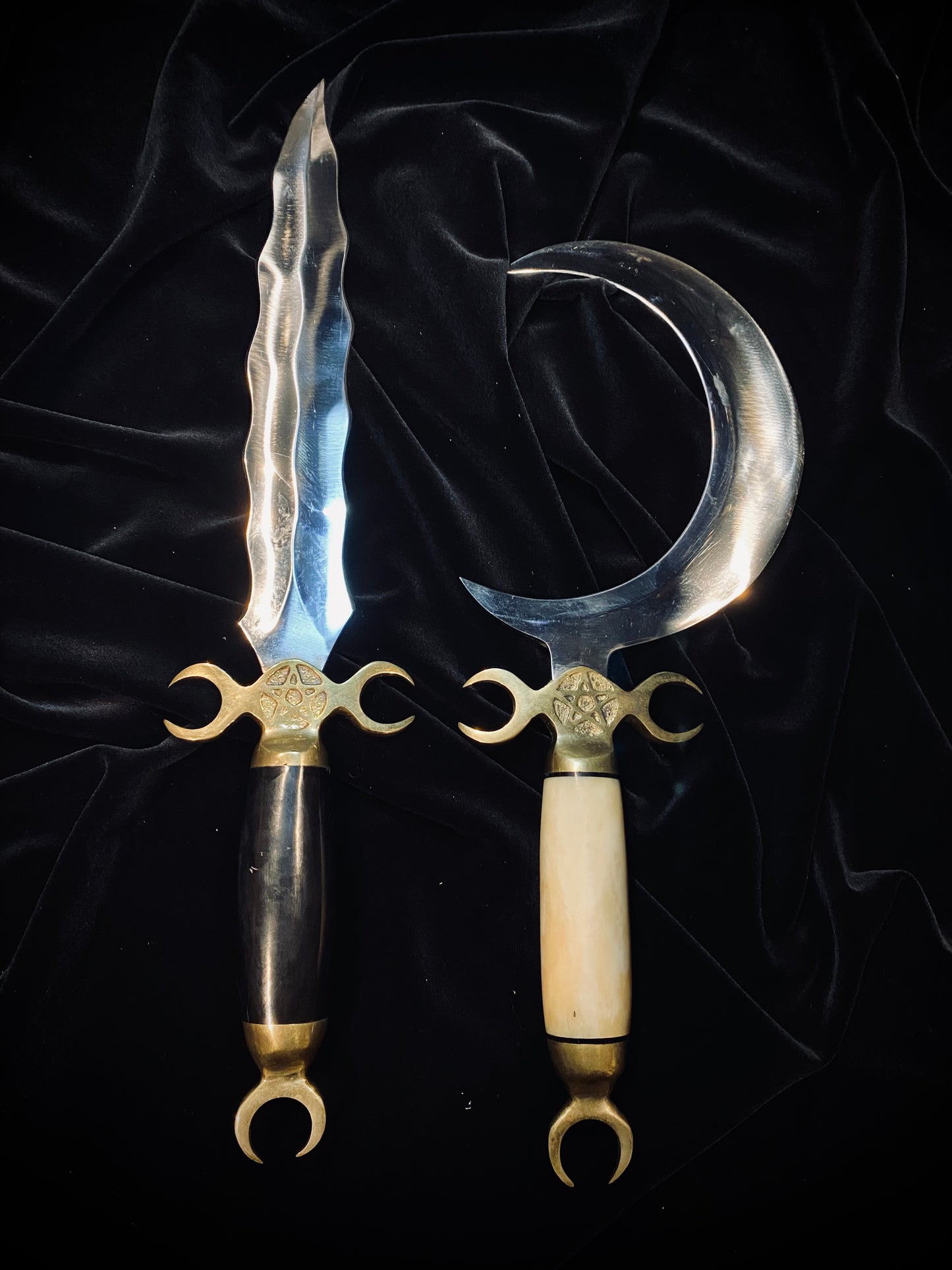 Dual Ritual Athamé and Crescent Sickle Knife Set