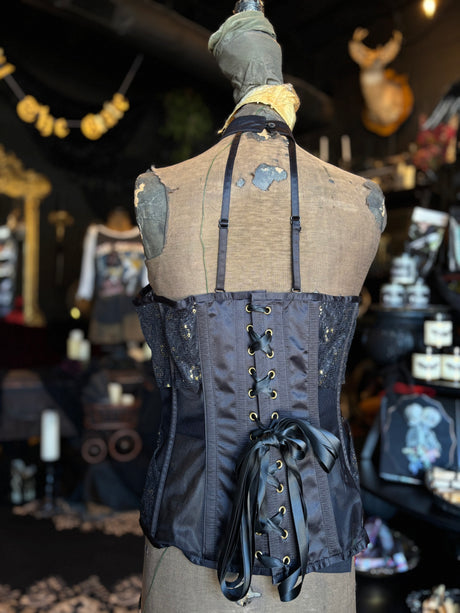 Corset Story Black and Gold Strappy Collar Mesh Corset