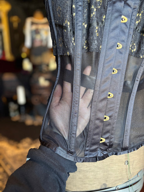 Corset Story Black and Gold Strappy Collar Mesh Corset