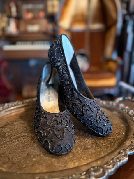 Vintage Jacques Levine Black Sequin High Heels
