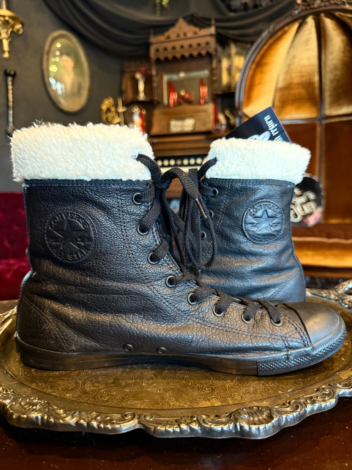 Black Leather Converse High Top Shearling Cuffed Sneakers