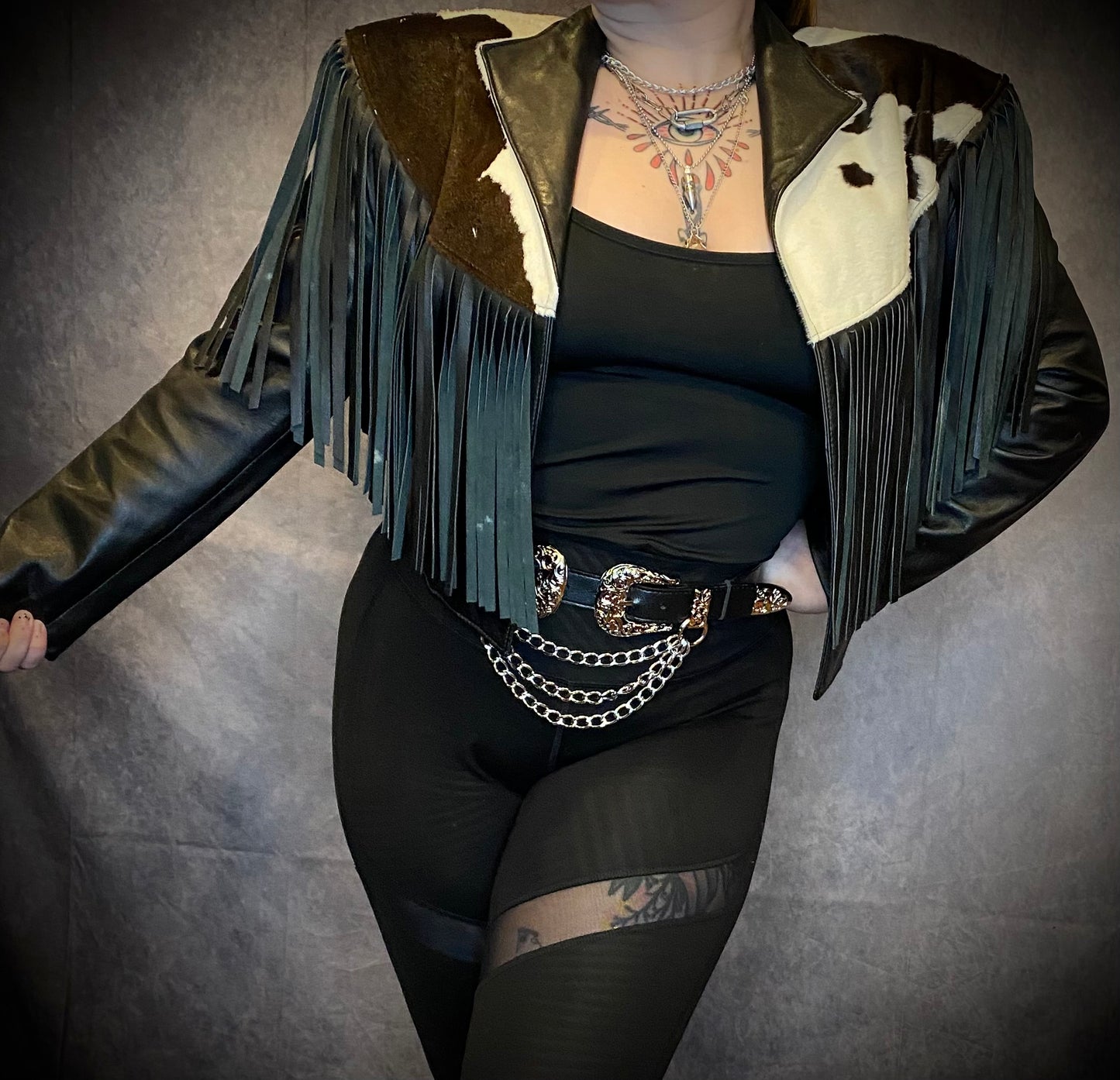 Vintage Continental Cowhide And Black Leather Fringed Cropped Jacket