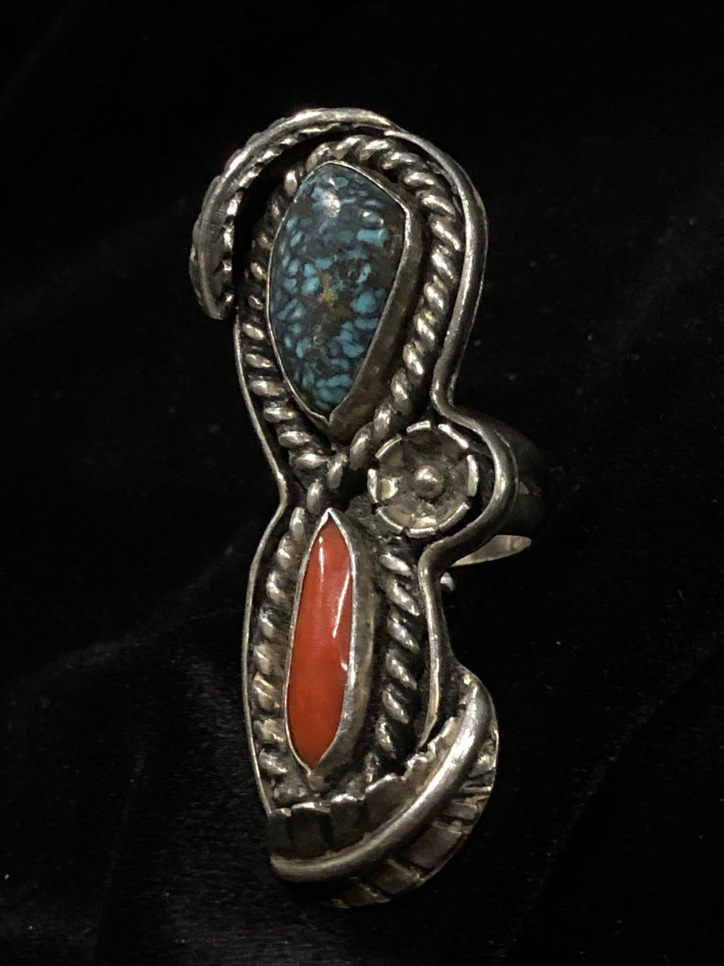 Sterling Silver Turquoise and Red Coral Double Stone Ornate Ring
