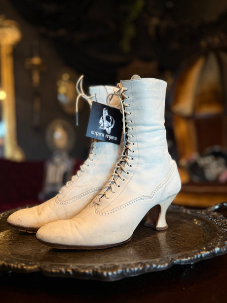 Antique Victorian White Leather Lace-Up Corset High Heeled Boots