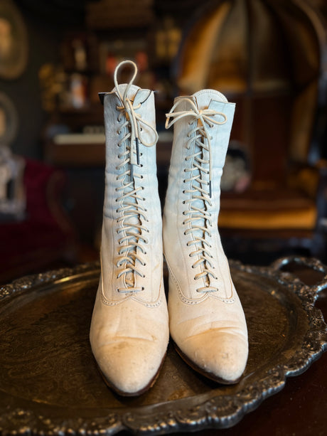 Antique Victorian White Leather Lace-Up Corset High Heeled Boots