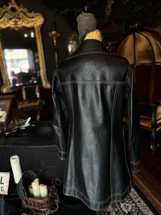 Vintage Black and White Leather Contrast Stitched Coat