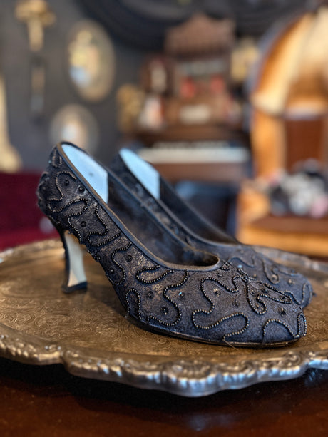 Vintage Jacques Levine Black Sequin High Heels
