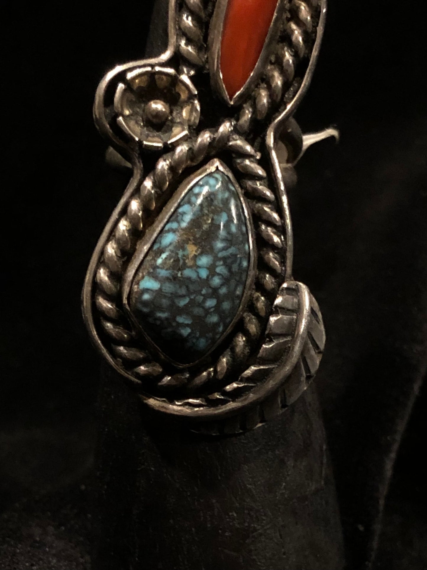 Sterling Silver Turquoise and Red Coral Double Stone Ornate Ring