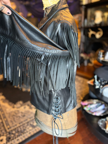 Vintage Wilson’s Open Road Black Leather Fringe Goth Cowboy Yallternative Motorcycle Biker Jacket