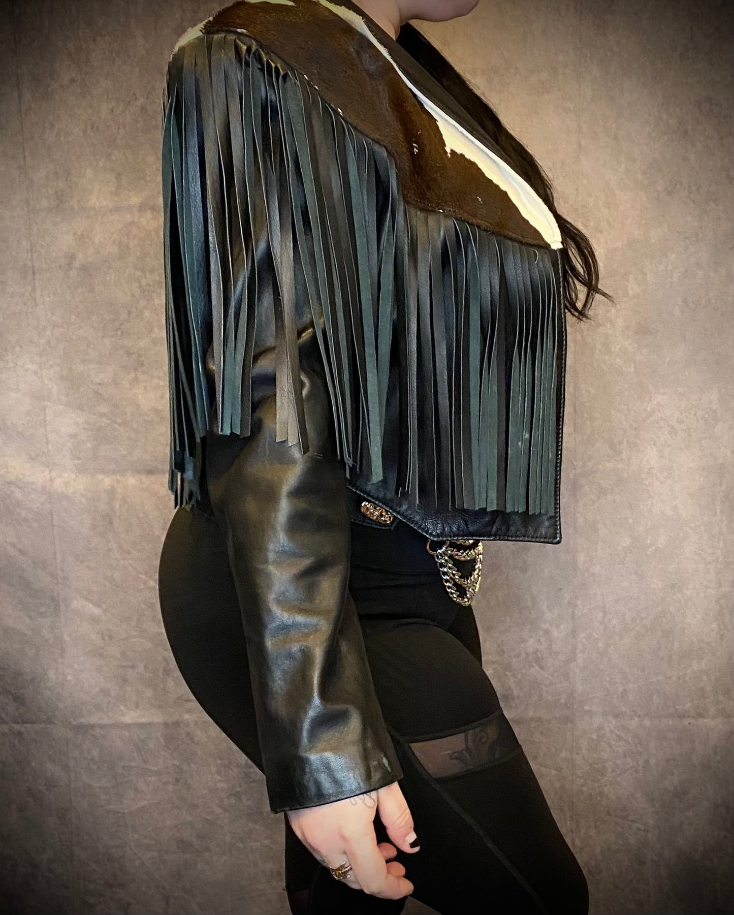 Vintage Continental Cowhide And Black Leather Fringed Cropped Jacket