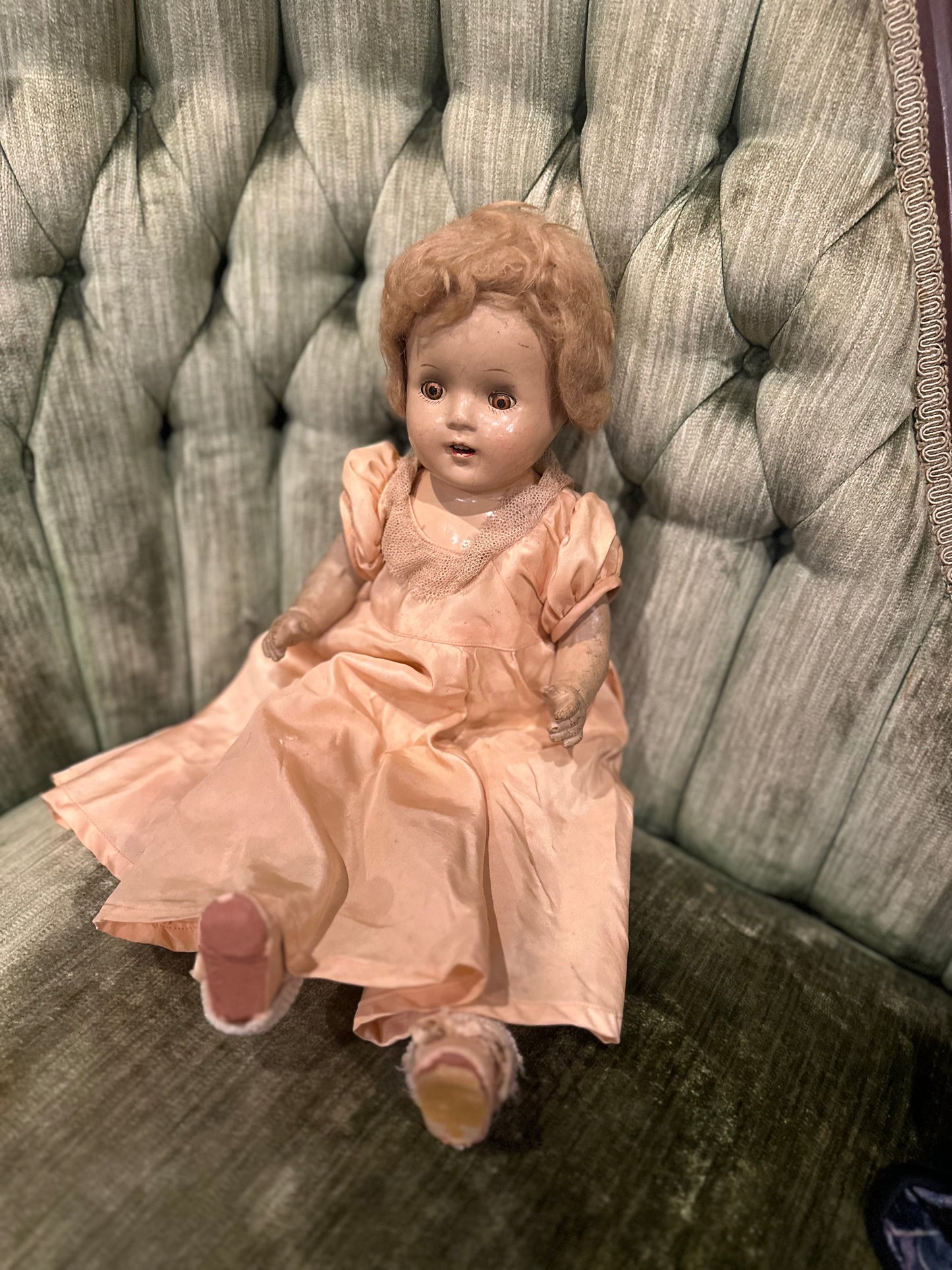 Antique Doll Open Close Eyes in Peach Dress
