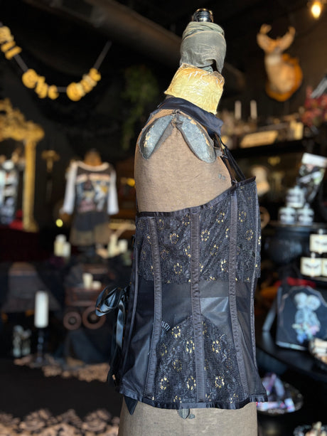 Corset Story Black and Gold Strappy Collar Mesh Corset