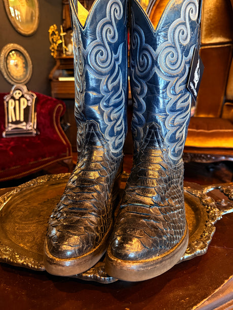 Tony Lama Dark Blue Teal Snakeskin Ornate Cowboy Boots