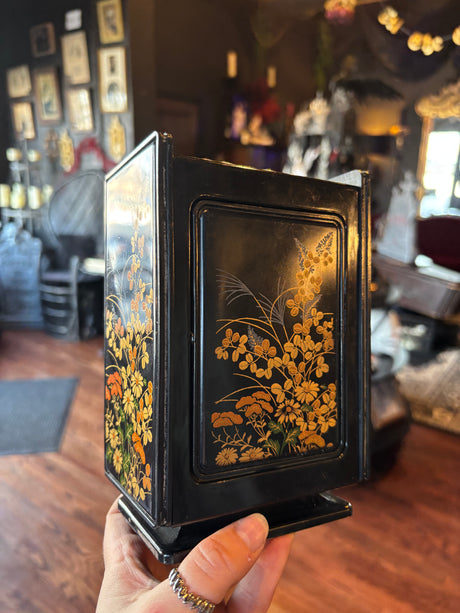Adorable Vintage Black Floral Decorated Plastic Vanity Box with Shelves and Mirror