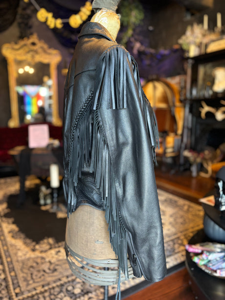 Vintage Wilson’s Open Road Black Leather Fringe Goth Cowboy Yallternative Motorcycle Biker Jacket